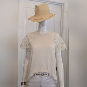 Greige White Linen Blend Lace Sleeve Women's Top Medium